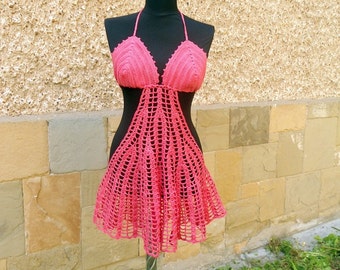 Crochet  Cover Tunic, Coral  Cover Up, Cotton Beach Dress, Lace Beach Dress, Crochet Bikini Top, Summer Lace Tunic, Crochet Beach Suit