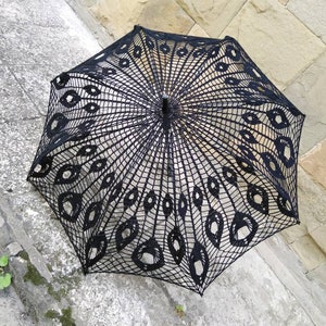 Black Crochet Umbrella, Victorian Parasol, Crochet Goth Umbrella, Steampunk Umbrella, Wedding Accessories, Black Lace Goth Parasol image 1