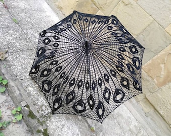 Black Crochet Umbrella, Victorian Parasol, Crochet Goth Umbrella, Steampunk Umbrella, Wedding Accessories, Black Lace Goth Parasol