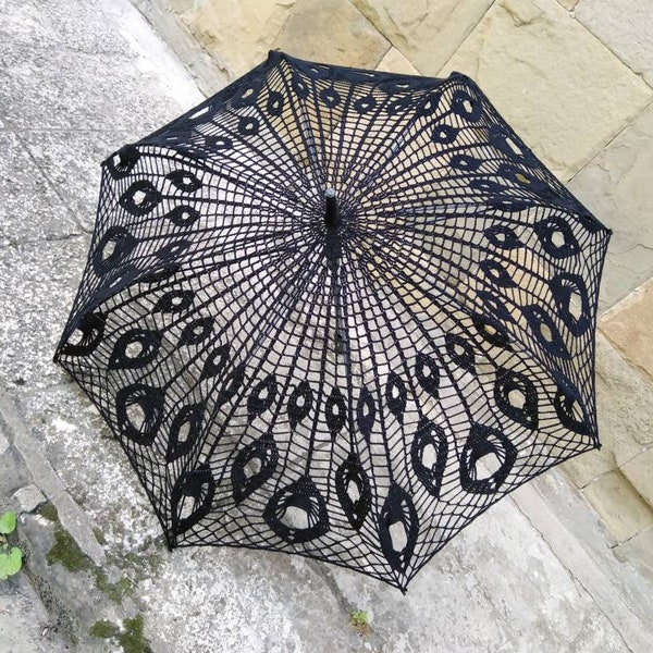 Black Crochet Umbrella, Victorian Parasol, Crochet Goth Umbrella, Steampunk Umbrella, Wedding Accessories, Black Lace Goth Parasol