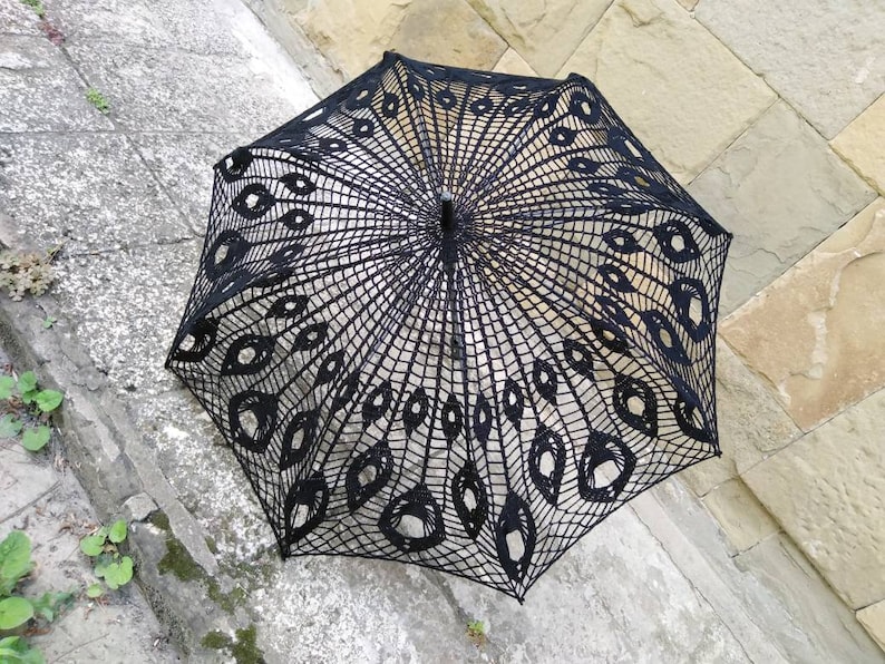 Black Crochet Umbrella, Victorian Parasol, Crochet Goth Umbrella, Steampunk Umbrella, Wedding Accessories, Black Lace Goth Parasol image 1