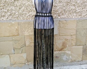 Macrame Dress, Black Festival Outfit, Macrame Beach Cover Up, Swimsuit Cover Up, Long Fringe Dress, Macrame Bikini Dress, Macrame Boho Dress