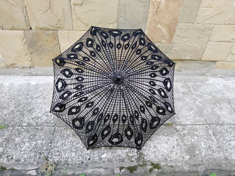 Black Crochet Umbrella, Victorian Parasol, Crochet Goth Umbrella, Steampunk Umbrella, Wedding Accessories, Black Lace Goth Parasol image 4