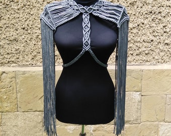 Festival Macrame Epaulets, Macrame Costume, Boho Macrame Choker, Fringe Cape, Parties Summer Outfit, Burningman Clothing, Rave Outfit