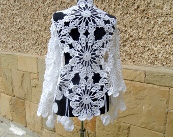 Wedding Shawl, Bridal White Shawl, Lace Bridesmaid Fashion, Crochet Wedding Cape,  Bride Shawl, Triangle Snowflakes Shawl,  Wedding Cover Up