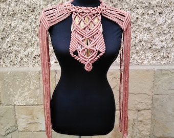 Macrame Epaulets, Shiny Beach Cover, Macrame Fringe Outfit, Macrame Tassel, Alrenative Clothing, Burning Man Festival Costume, Goddness Top