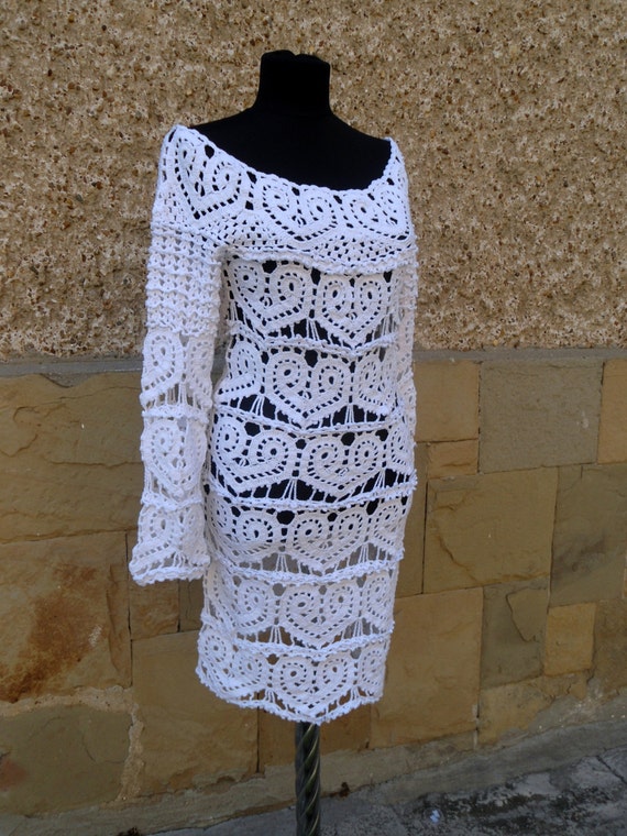 Items similar to Crochet White Dress, Wedding Lace Dress, Hearts ...