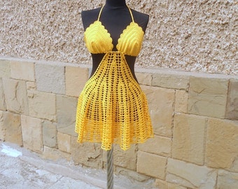 Crochet Beach Dress, Yellow Cotton Dress, Lace Tunic, Fashion Crochet Cover Up,  Crochet Bikini, Crochet Suit, Summer Lace Dress, Women Lace