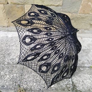 Black Crochet Umbrella, Victorian Parasol, Crochet Goth Umbrella, Steampunk Umbrella, Wedding Accessories, Black Lace Goth Parasol image 6