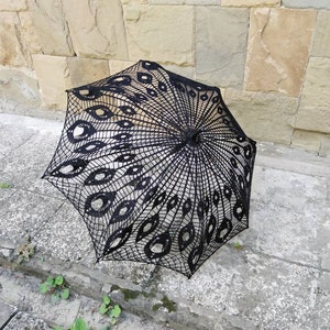 Black Crochet Umbrella, Victorian Parasol, Crochet Goth Umbrella, Steampunk Umbrella, Wedding Accessories, Black Lace Goth Parasol image 2