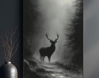 Rustic Woodland Stag Art - Moody Monochrome Forest Scene, Black and White Printable Deer, Misty Moonlit Nature Digital Download 3