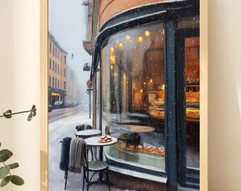 Helsinki Cozy Café Winter Scene - Snowy Cityscape Painting, Cozy Nordic Decor, Scandinavian Winter Art, Digital Download Print 69