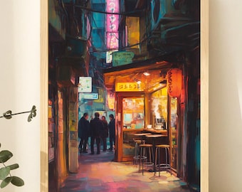 Tokyo Neon-lit Alley Café at Night - Moody Vibrant Cityscape, Printable Urban Wall Art, Cinematic Impressionist Style, Digital Download 47