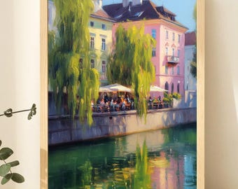 Ljubljana Riverside Café Scene - Impressionist European Street Style, Cozy Terrace Art, Printable Romantic Decor, Digital Download 62