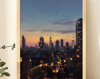 New York City Twilight Dinner Skyline - Romantic Twilight Urban Painting, Cozy Rooftop View, Contemporary Wall Art Decor, Digital Art 77