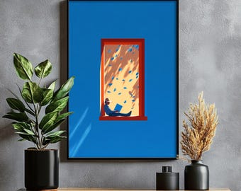 Modern Minimalist Reading Window Illustration - Bold Graphic Art, Aesthetic Warm Tones, Dopamine Home Decor, Digital Download Wall Art 81