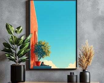 Minimalist Sky Lookout Figure Art - Modern Flat-Color Digital Illustration, Serene Wall Decor, Bright Turquoise & Terracotta 83