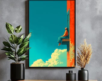 Minimalist Window View Art, Bright Turquoise Sky with Fluffy Clouds, Colorful Modern Decor, Printable Digital Download Wall Art 84