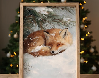 Sleeping Winter Fox in Snowy Woodland - Cozy Rustic Winter Art, Printable Neutral Painting, Sleepy Fox Decor, Woodland Scene with Pines 24