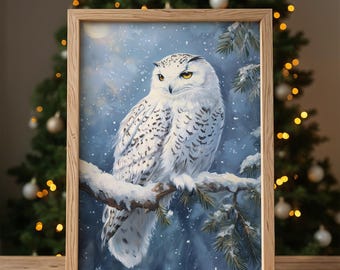 Majestic Winter Owl Painting - Rustic Snowy Owl on Pine Branch, Cool Blues/Whites, Printable Woodland Christmas Decor, Digital Art 27