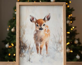 Snowy Baby Deer Watercolor - Rustic Winter Woodland Art, Cozy Cute Fawn Print, Neutral Palette, Digital Download Decor 19