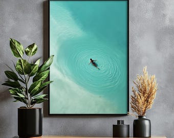 Minimalist Swimmer Ocean Wall Art - Serene Aerial Print of Girl Swimmer in Shallow Water, Calm Beach Scene, Instant Download Digital Art 87