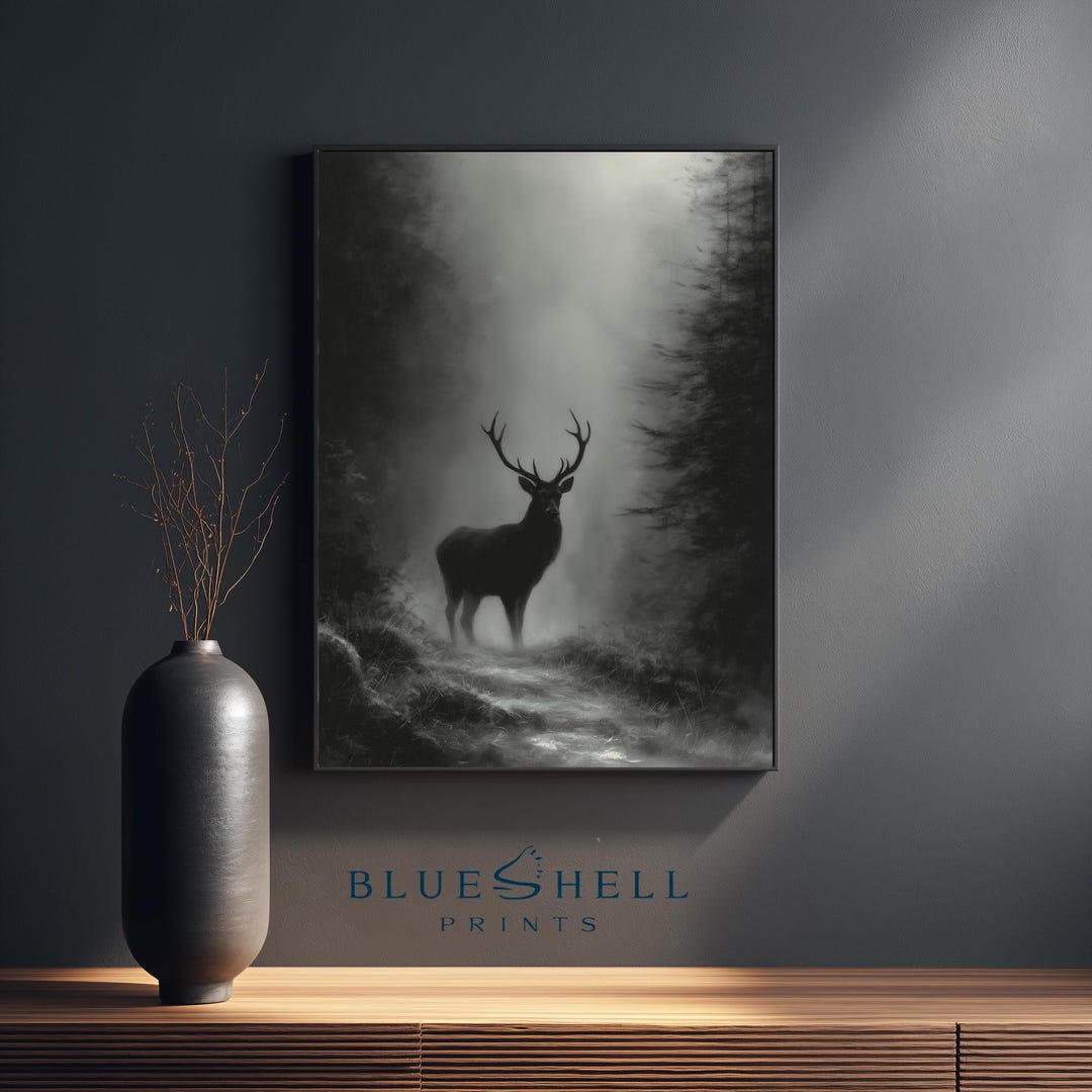 Rustic Woodland Stag Art - Moody Monochrome Forest Scene, Black and ...