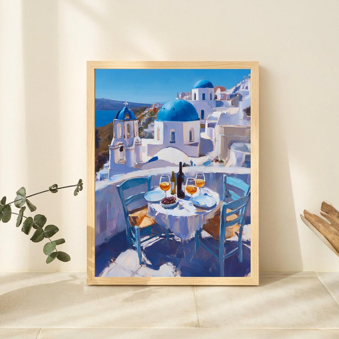 Santorini Romantic Terrace Dining Scene - Mediterranean Coastal Art ...