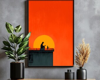 Minimalist Rooftop Golden Sunset Cat Printable Art - Cozy Silhouetted Cat Under City Skyline, Warm Modern Wall Decor, Digital Download 85