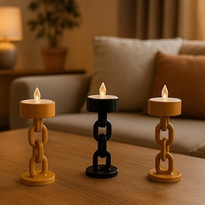 Op de afbeelding: Drie decoratieve kandelaars met LED-vlamlichten. Twee zijn mosterdgeel en één is zwart. Elk heeft een kettingvormige basis en een ronde bovenkant. De kaarsen staan op een houten tafel voor een bank.