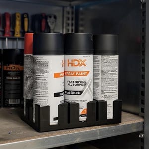 May include: A black plastic organizer holds several cans of HDX spray paint. The cans are black and white with orange accents, labeled "Fast Drying All Purpose Flat Black." The organizer sits on a shelf in a workshop.