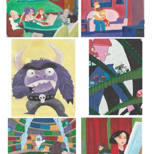 May include: A collection of six distinct painted illustrations featuring various animated characters, including a group eating pizza, a parent and child on a sofa, a purple horned monster, figures on green stairs, a library scene, and an artist painting.