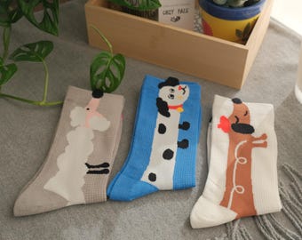 Lustige Hundesocken | Baumwollsocken | Crew Socken mit Tiermotiv | Pudel, Dackel & Dackel Designs | Geschenk für Tierliebhaber | Frauen Crew Socken