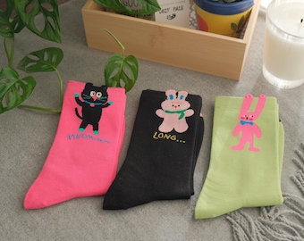 Calcetines de algodón con dibujos de animales / Regalo de Pascua / Calcetines de algodón con conejito divertido / Calcetines estéticos coloridos / Calcetines de algodón peinado con gato / Regalo para ella