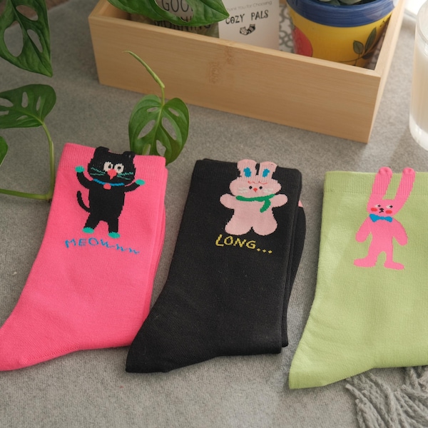 Cartoon Animal Cotton Crew Socks | Easter Gift | Funny Bunny Cotton Socks | Colorful Aesthetic Socks | Combed Cotton Cat Sock | Gift for Her