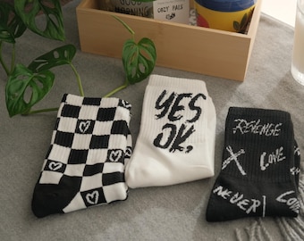 Black and White Graphic Socks | Street Style Crew Socks | Cotton Socks | Checkered & Letter Street Style | Aesthetic Gift for Her or Him |