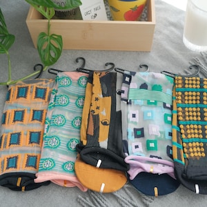 Art Geometric Sheer Socks | Modern Art Cotton Blend Crew Socks | Women Socks | Patterned Transparent Crew Socks | Unique Gift for Her