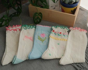 Lace Edge Cotton Crew Socks | Frilly Cottagecore Socks | Pastel Vintage Style | Sweet Floral & Bow Knit Socks | Gift for Her | Women Socks