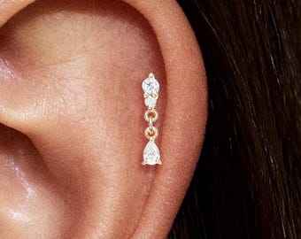Pendiente de oro macizo de 14 quilates con diamantes de laboratorio, colgante de hélice sin rosca y parte trasera plana