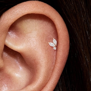 Pode incluir: Dois brincos pequenos são visíveis em uma orelha. Cada brinco apresenta um grupo de pequenas pedras preciosas transparentes dispostas em forma de folha ou asa. Os brincos são cravejados em um metal de cor clara, possivelmente ouro ou prata.