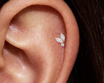 Pendiente de oro macizo de 14 quilates con diamante diminuto para cartílago, parte trasera plana, sin rosca, con pasador a presión para labio.