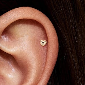 May include: Close-up of an ear with multiple gold heart-shaped stud earrings. The earrings are in various sizes, including 3mm, 4mm, and 5mm. The earrings are small and delicate, with a polished finish.