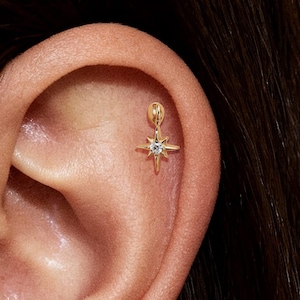 Könnte beinhalten: Ein goldfarbener Ohrring in Form eines Sterns ist in einem Ohrpiercing zu sehen. Der Ohrring hat einen kleinen, runden, hellfarbigen Edelstein in der Mitte. Der Ohrring ist mit einem kleinen, runden Stecker am Ohr befestigt.