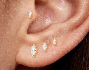 14K Solid Gold Marquise Lab Diamond Flat Back Stud Threadless Push Pin Solitaire Earring