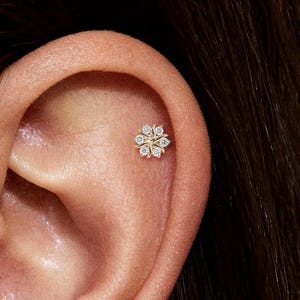 May include: A small, gold-coloured flower-shaped earring with six clear gemstones is shown on an ear. The earring is positioned on the upper cartilage of the ear. The ear is a light skin tone, and the background is blurred.