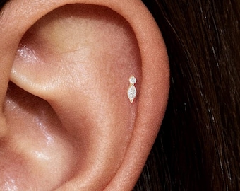 Tiny Lab Diamond Stud, 14K Solid Gold Threadless Flat Back Cartilage Earring