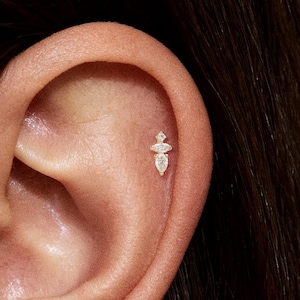 14K massivt guld päron diamant brosk örhänge gänglös platt baksida labret örhänge