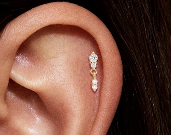 Pendiente colgante de cartílago con diamante de laboratorio en oro macizo de 14 quilates, sin rosca, con pasador a presión y parte posterior plana, con hélice.