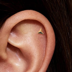 May include: Close-up of an ear with two gold-colored, triangular stud earrings. Each earring has a black center and is set in the ear. The earrings are small and minimalist in design.