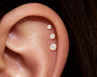 1.5-3mm Tiny Lab Diamond Stud 14K Solid Gold Threadless Push Pin Flat Back Earring